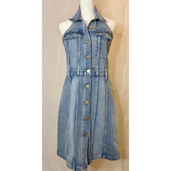 GAP Icon Denim Halter Mini Dress Light Wash 6 Petite - Picture 5 of 8